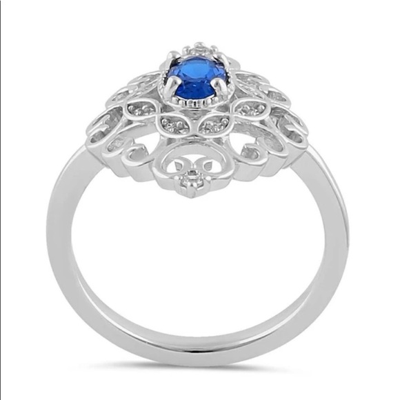 925 STERLING SILVER Simulated Blue Sapphire Cubic Zirconia Filigree Ring - Picture 15 of 16